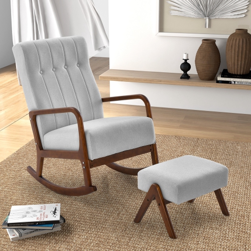 Costway Rocking Chair with Ottoman Upholstered Fabric Glider Rocker Solid Wood