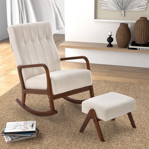 Fauteuil berçant coulissant de Costway avec pouf en tissu, bois massif