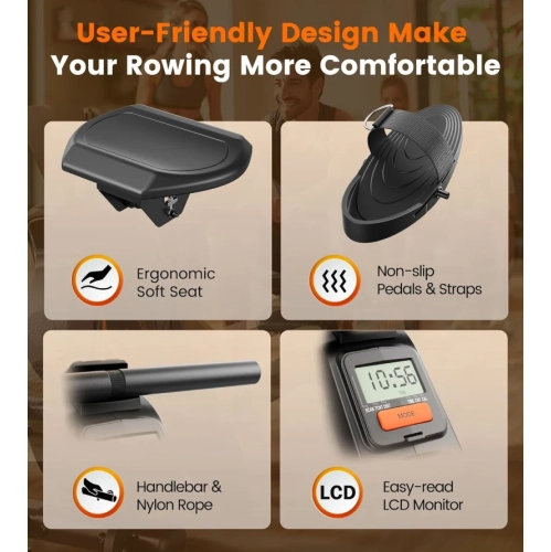 Magnetic Rowing Machine - 350 LB Capacity, Home Rower with LCD Monitor & Tablet Holder