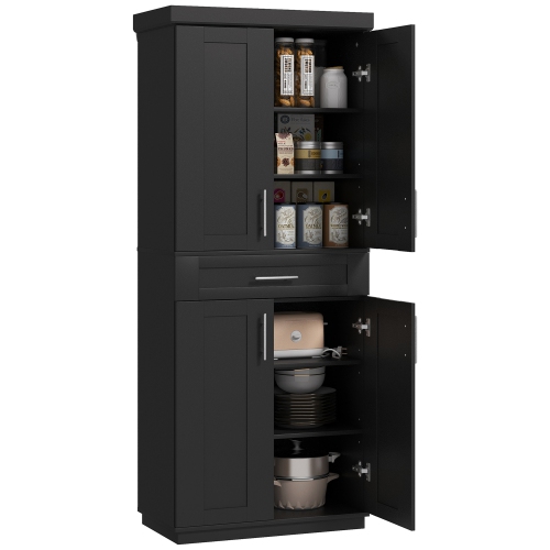 HOMCOM 72" Tall Kitchen Pantry Cabinet, Freestanding Kitchen Storage Cabinet with 4 Doors, Drawer and 3 Adjustable Shelves, Black