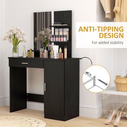 HOMCOM Vanity Desk with Mirror, Makeup Vanity with Drawer, Open Compartment and Shelves, 3-Tier Cabinet, Dressing Table with Adjustable Shelves for