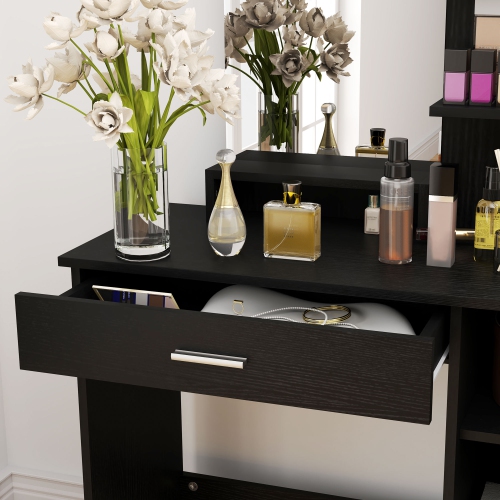 HOMCOM Vanity Desk with Mirror, Makeup Vanity with Drawer, Open Compartment and Shelves, 3-Tier Cabinet, Dressing Table with Adjustable Shelves for