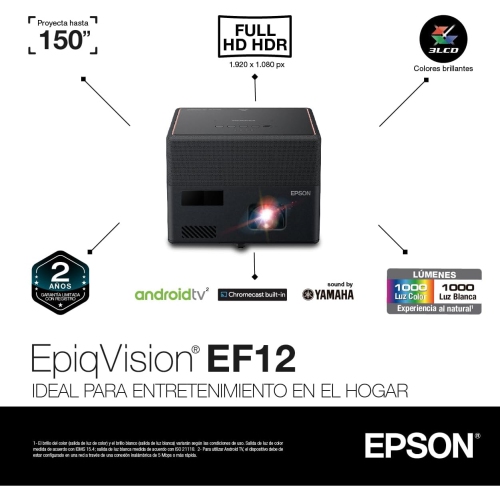 EPSON-EpiqVision-Mini-EF12-Projecteur laser intelligent à diffusion en continu, HDR, Android-TV, Portatif,-Sound-by-Yamaha,-3LCD,-HD intégrale-1080p