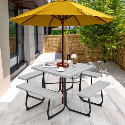 Costway Outdoor 8-person Square Picnic Table Bench Set with 4 Benches & Umbrella Hole