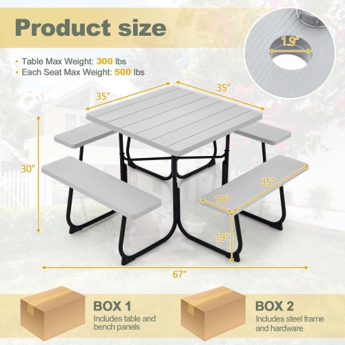 Costway Outdoor 8-person Square Picnic Table Bench Set with 4 Benches & Umbrella Hole