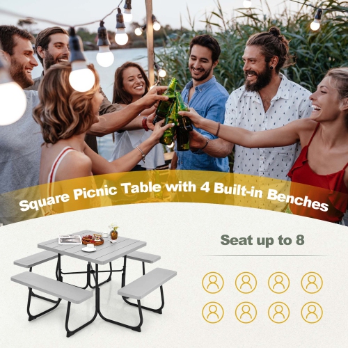 Costway Outdoor 8-person Square Picnic Table Bench Set with 4 Benches & Umbrella Hole