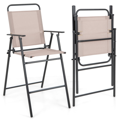 COSTWAY  2PCs Patio Folding Bar-Height Chairs With Armrests Quick-Drying Seat Backyard In Beige