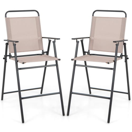 Costway 2PCS Patio Folding Bar-height Chairs with Armrests Quick-drying Seat Beige Backyard