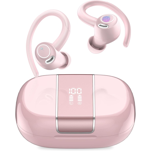 Wireless Earbuds, Bluetooth 5.3 Headphones Sport with ENC Mic, IP7 Waterproof Ear Buds with Earhook for Running, Dark Pink