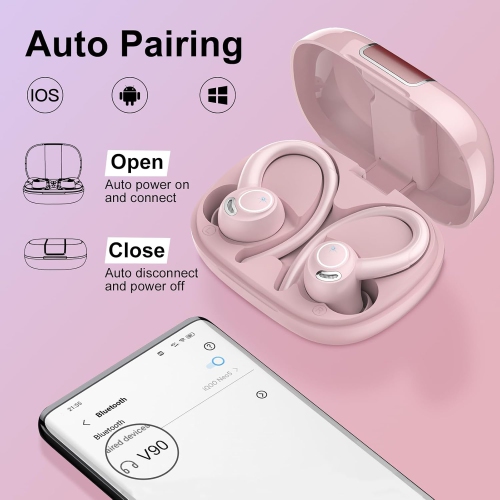 Wireless Earbuds, Bluetooth 5.3 Headphones Sport with ENC Mic, IP7 Waterproof Ear Buds with Earhook for Running, Dark Pink