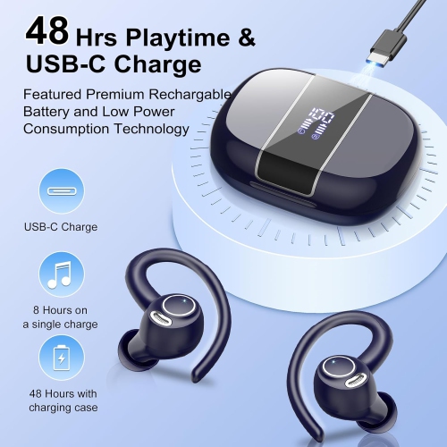 Wireless Earbuds, Bluetooth 5.3 Headphones Sport with ENC Mic, IP7 Waterproof Ear Buds with Earhook for Running, Deep Blue