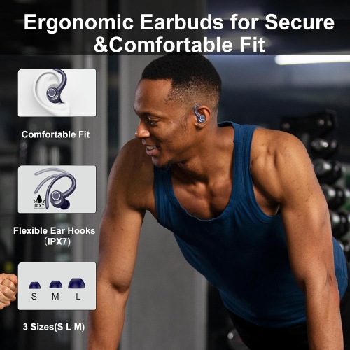 Wireless Earbuds, Bluetooth 5.3 Headphones Sport with ENC Mic, IP7 Waterproof Ear Buds with Earhook for Running, Deep Blue