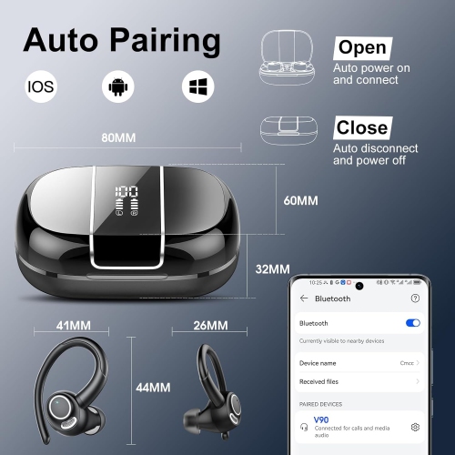 Wireless Earbuds, Bluetooth 5.3 Headphones Sport with ENC Mic, IP7 Waterproof Ear Buds with Earhook for Running, Black