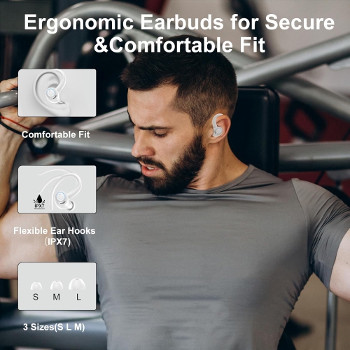 Wireless Earbuds, Bluetooth 5.3 Headphones Sport with ENC Mic, IP7 Waterproof Ear Buds with Earhook for Running, White