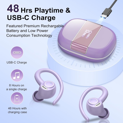 Wireless Earbuds, Bluetooth 5.3 Headphones Sport with ENC Mic, IP7 Waterproof Ear Buds with Earhook for Running, Purple
