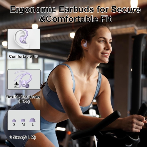Wireless Earbuds, Bluetooth 5.3 Headphones Sport with ENC Mic, IP7 Waterproof Ear Buds with Earhook for Running, Purple