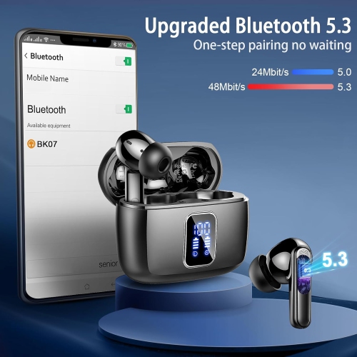 Wireless Earbuds, Bluetooth Ear Buds 5.3 Mini HiFi Stereo with 4 ENC Noise Cancelling Mics, IP7 Waterproof in Ear Earphones, for Sports Bluetooth