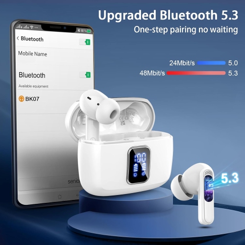 Wireless Earbuds, Bluetooth Ear Buds 5.3 Mini HiFi Stereo with 4 ENC Noise Cancelling Mics, IP7 Waterproof in Ear Earphones, for Sports Bluetooth
