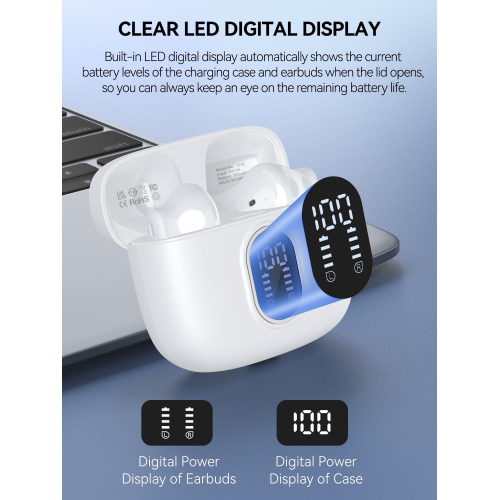 Wireless Earbuds Bluetooth 5.3 Headphones 40 Hrs Playtime with LED Display, IP7 Waterproof Ear Buds Wireless Ear Buds with Mic for iPhone Android,