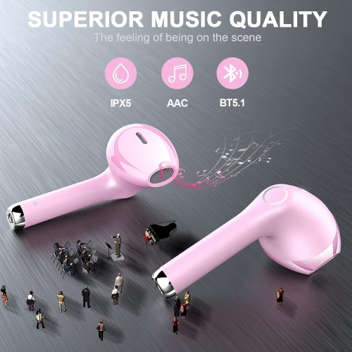 Wireless Earbuds, IPX5 Waterproof Wireless Headphones Touch Control, Bluetooth Headphones 25 Hrs with USB-C Charging for Running, Pink