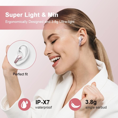 Wireless Earbuds, Bluetooth Headphones 5.3 HiFi Stereo Bluetooth Earbuds, LED Display 40H Ear Buds IP7 Waterproof in-Ear for Android iOS, Rose Gold
