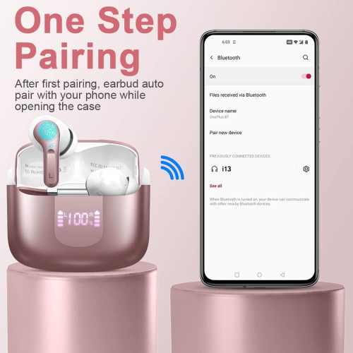 Wireless Earbuds, Bluetooth Headphones 5.3 HiFi Stereo Bluetooth Earbuds, LED Display 40H Ear Buds IP7 Waterproof in-Ear for Android iOS, Rose Gold