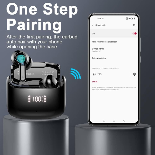 Wireless Earbuds, Bluetooth Headphones 5.3 HiFi Stereo Bluetooth Earbuds, LED Display 40H Ear Buds IP7 Waterproof in-Ear for Android iOS, Black