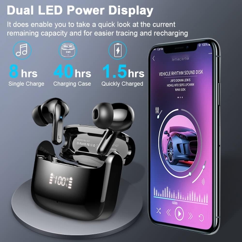 Wireless Earbuds, Bluetooth Headphones 5.3 HiFi Stereo Bluetooth Earbuds, LED Display 40H Ear Buds IP7 Waterproof in-Ear for Android iOS, Black