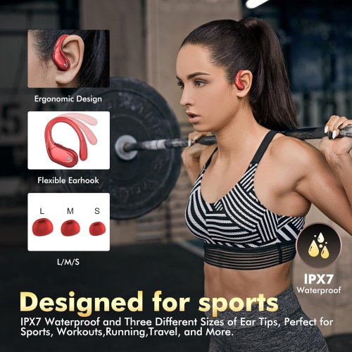 Wireless Earbuds Bluetooth Headphones 80hrs Playback Ear Buds Power Display with Noise Canceling Mic with Earhooks for Sports/Running, Red