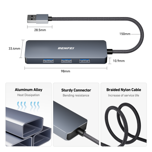 BENFEI USB 3.0 Hub, 4 Ports USB A Splitter Ultra-Slim USB Expander for Mouse, Keyboard, Flash Drive, U Disk, Printer Compatible with Laptop, Desktop