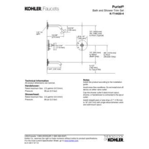 KOHLER K-T14420-4-CP Garniture de robinet de bain/douche à équilibrage pression Rite-Temp Purist, chrome poli - Boîte ouverte