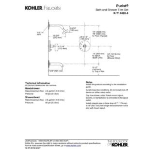 KOHLER K-T14420-4-CP Garniture de robinet de bain/douche à équilibrage pression Rite-Temp Purist, chrome poli - Boîte ouverte