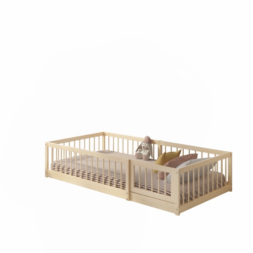 Lit de sol en bois Dream Raft Montessori de Mimi Lds - Cadres de lit simple pour enfants, Plateforme de lit naturel pour tout-petits avec rails et la