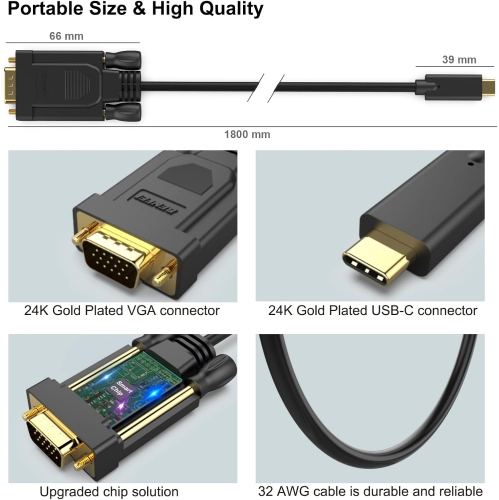 BENFEI USB C to VGA 6 Feet Cable [Thunderbolt 3/4 Compatible] with iPhone 15 Pro/Max, MacBook Pro/Air 2023, iPad Pro, iMac, S23, XPS 17, Surface Book