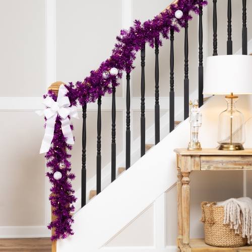Pre-Lit Artificial Tinsel Christmas Garland - 9' x 8" - Purple - Clear Lights