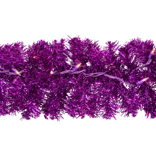 Pre-Lit Artificial Tinsel Christmas Garland - 9' x 8" - Purple - Clear Lights