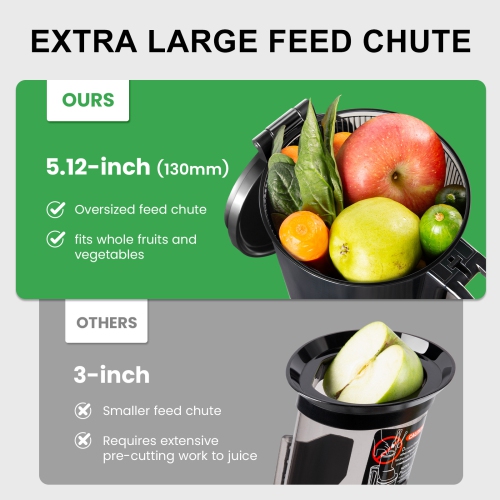 Ventray Slow Masticating Cold Press Juicer with 5.1" Extra Large Wide Feed Chute, High Juice Yield with 1 FREE extra auger