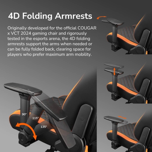 Cougar Defensor Gaming Chair, Ergonomic High‑Back PU Leather, 155° Recline, 4D Armrests & Lumbar Support, Black/Orange