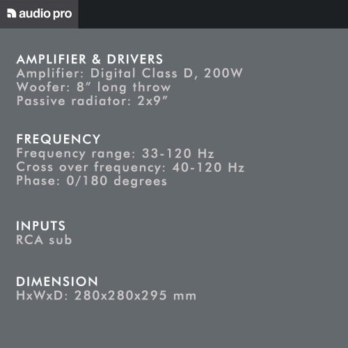 Audio Pro SW-10 Powered Subwoofer w/ 8" Long Throw Woofer & 2x 9" Passive Radiators (Black)