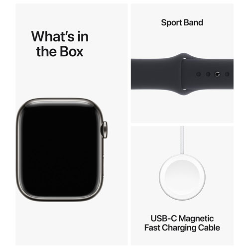 Apple Watch Series 9 avec boîtier de 45 mm en acier inoxydable graphite et bracelet sport minuit - Petit/Moyen 140-190 mm - Paiement Balance mensuel