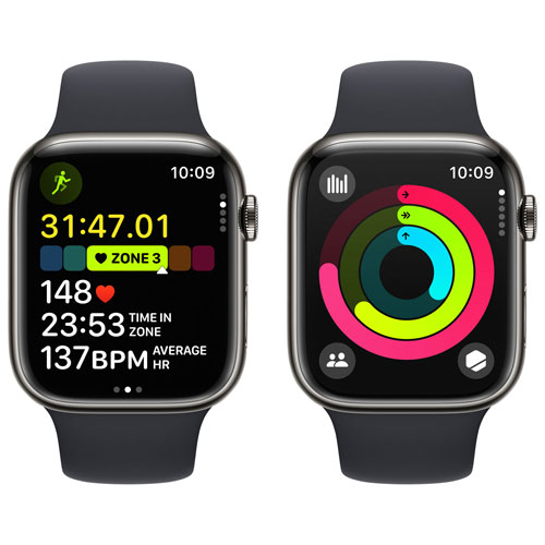 Apple Watch Series 9 avec boîtier de 45 mm en acier inoxydable graphite et bracelet sport minuit - Petit/Moyen 140-190 mm - Paiement Balance mensuel