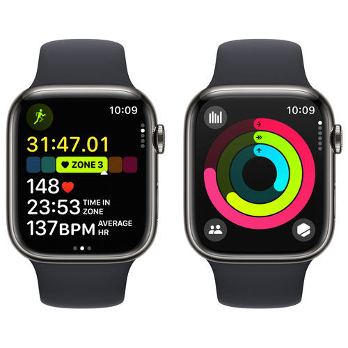 Apple Watch Series 9 avec boîtier de 45 mm en acier inoxydable graphite et bracelet sport minuit par Koodo - Moyen/Grand 160-210 mm - Paiement