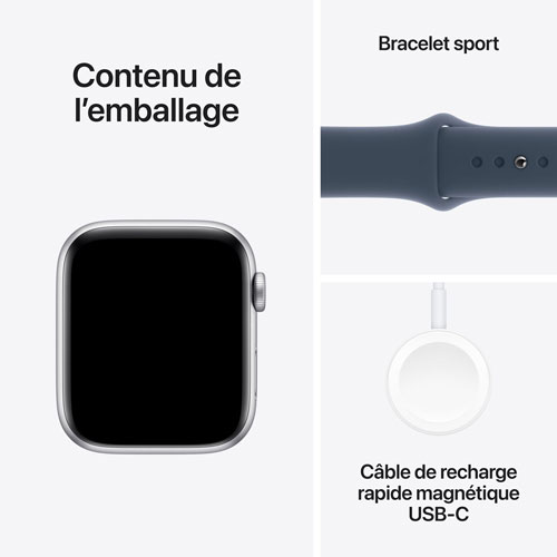 Apple Watch SE avec boîtier de 44 mm en aluminium argenté et bracelet sport bleu tempête par Koodo - Petit/Moyen - Paiement Balance mensuel