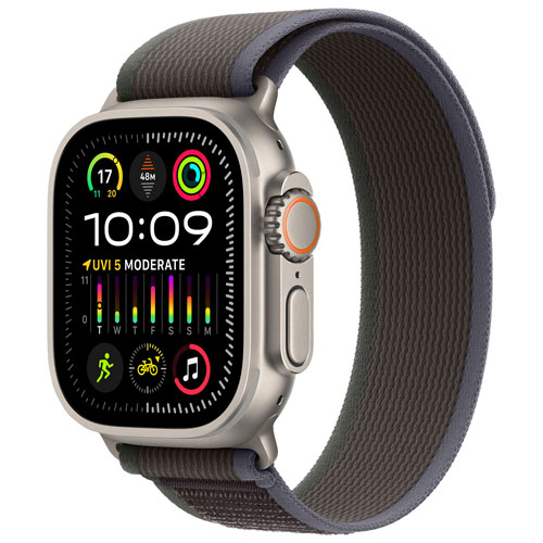 Apple Watch Ultra 2 avec boîtier de 49 mm en titane et bracelet Sentier bleu/noir par Koodo - Moyen/Grand 145-220 mm - Paiement Balance mensuel