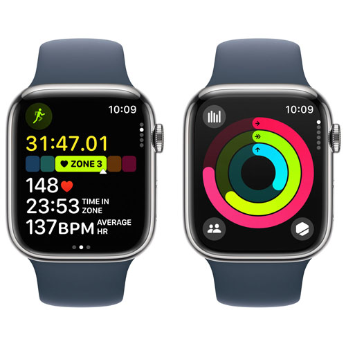 Apple Watch Series 9 avec boîtier de 45 mm en acier inoxydable argenté et bracelet sport bleu tempête par Koodo - Moyen/Grand 160-210 mm - Paiement