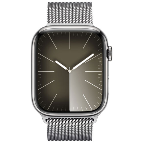 Apple Watch Series 9 avec boîtier de 45 mm en acier inoxydable argenté et bracelet milanais argenté par Koodo - Grand - Paiement Balance mensuel