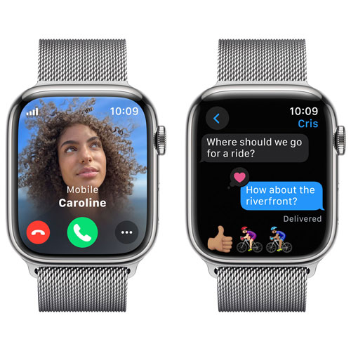 Apple Watch Series 9 (GPS + cellulaire) avec boîtier de 45 mm en acier inoxydable argenté et bracelet milanais argenté par Koodo - Grand - Paiement Balance mensuel