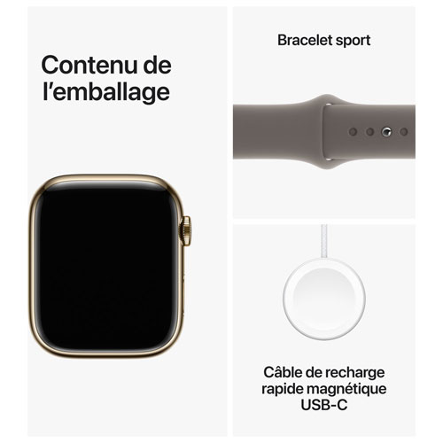Apple Watch Series 9 avec boîtier de 45 mm en acier inoxydable doré et bracelet sport argile - Petit/Moyen 140-190 mm - Paiement Balance mensuel