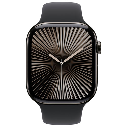 Apple Watch Series 10 avec boîtier de 46 mm en titane ardoise et bracelet sport noir par Koodo - Petit/Moyen - Paiement Balance mensuel