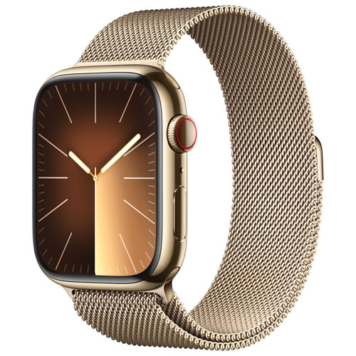 Apple Watch Series 9 avec boîtier de 45 mm en acier inoxydable doré et bracelet à rabat milanais doré par Koodo - Grand - Paiement Balance mensuel